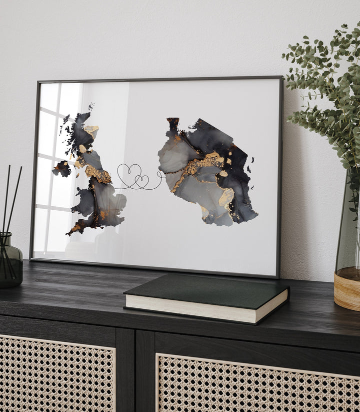 Britain and Tanzania Map Black & Gold Travel Wall Art Print | United Kingdom | UK