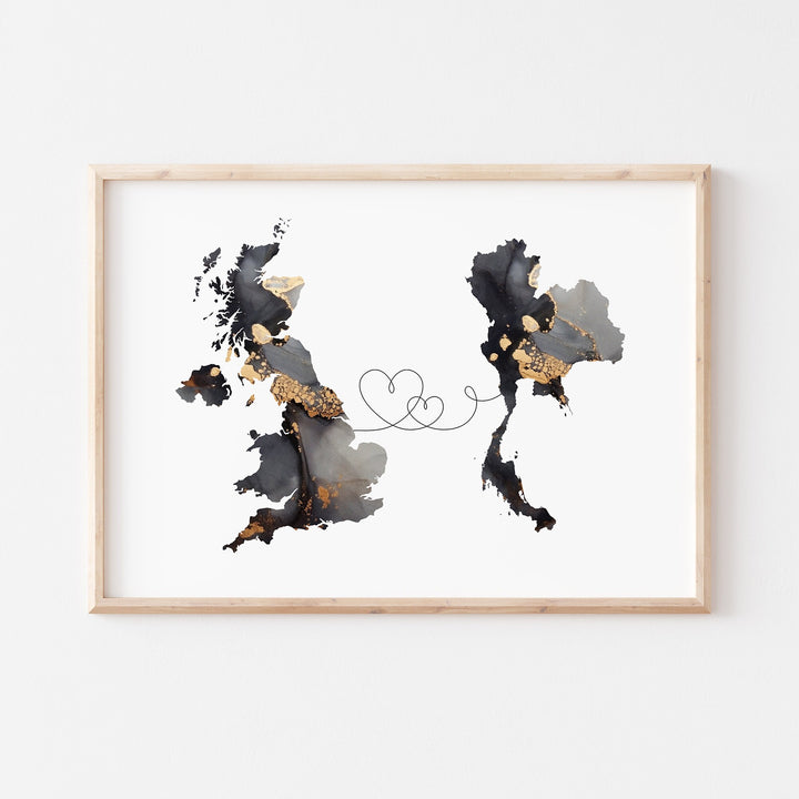 Britain and Thailand Map Black & Gold Travel Wall Art Print | United Kingdom | UK