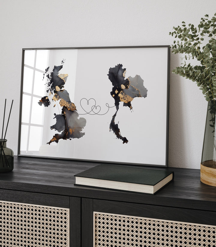 Britain and Thailand Map Black & Gold Travel Wall Art Print | United Kingdom | UK