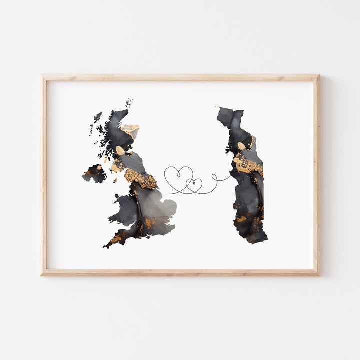 Britain and Togo Map Black & Gold Travel Wall Art Print | United Kingdom | UK