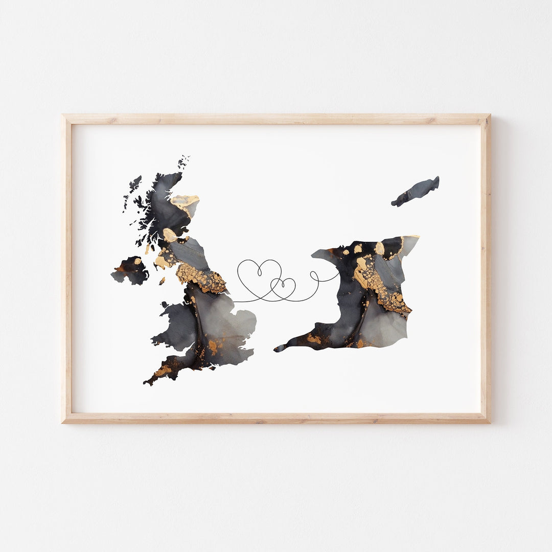 Britain and Trinidad and Tobago Map Black & Gold Travel Wall Art Print | United Kingdom | UK