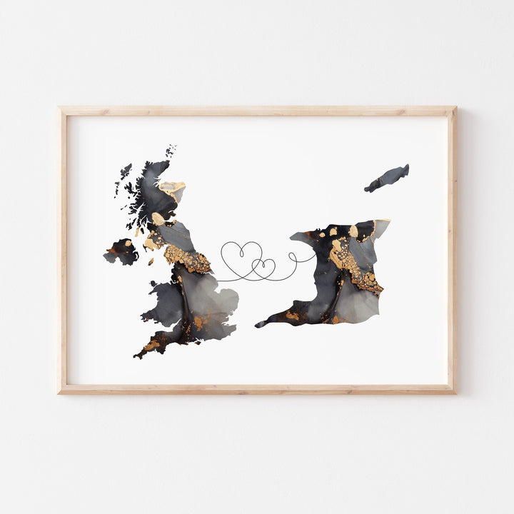 Britain and Trinidad and Tobago Map Black & Gold Travel Wall Art Print | United Kingdom | UK