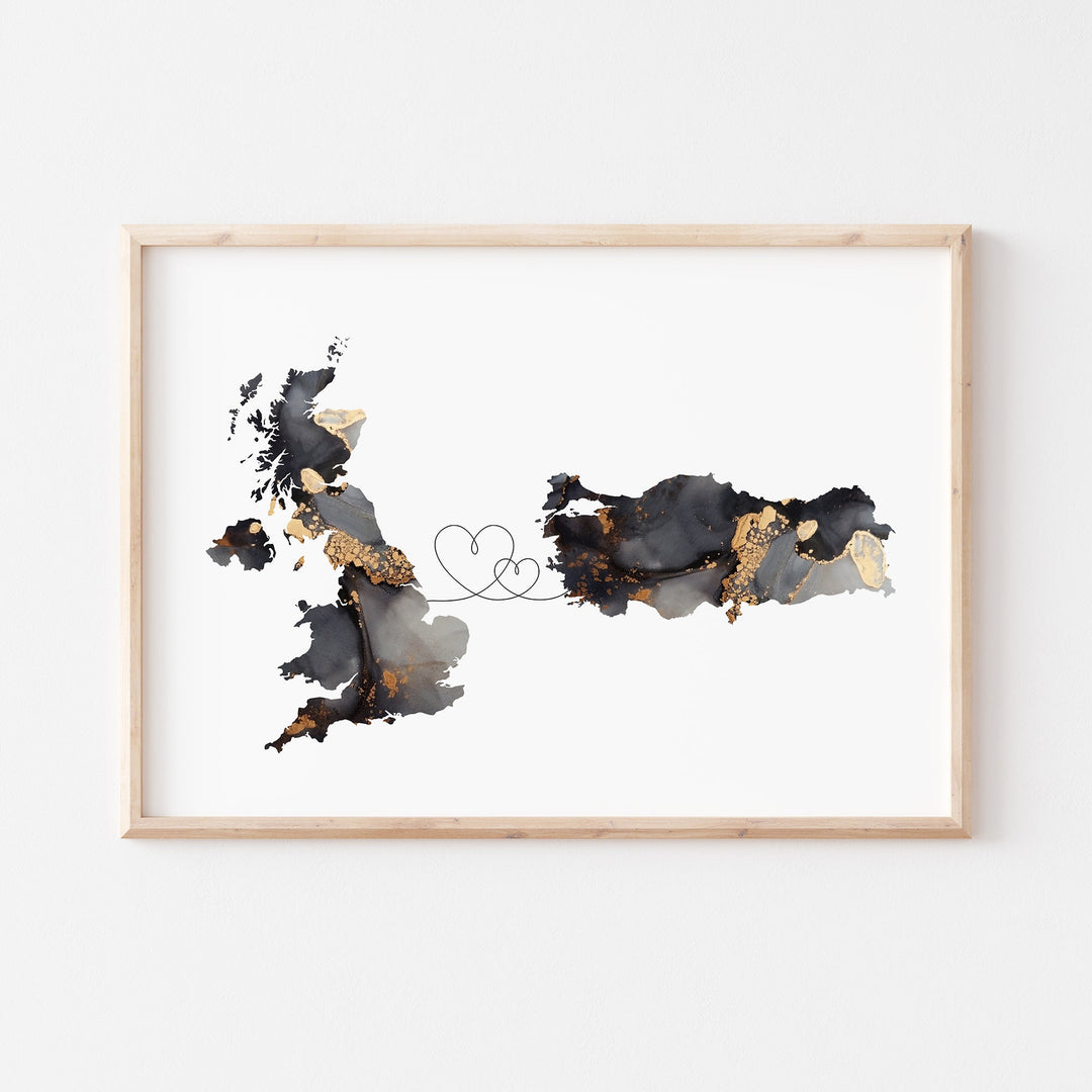 Britain and Turkey Map Black & Gold Travel Wall Art Print | United Kingdom | UK