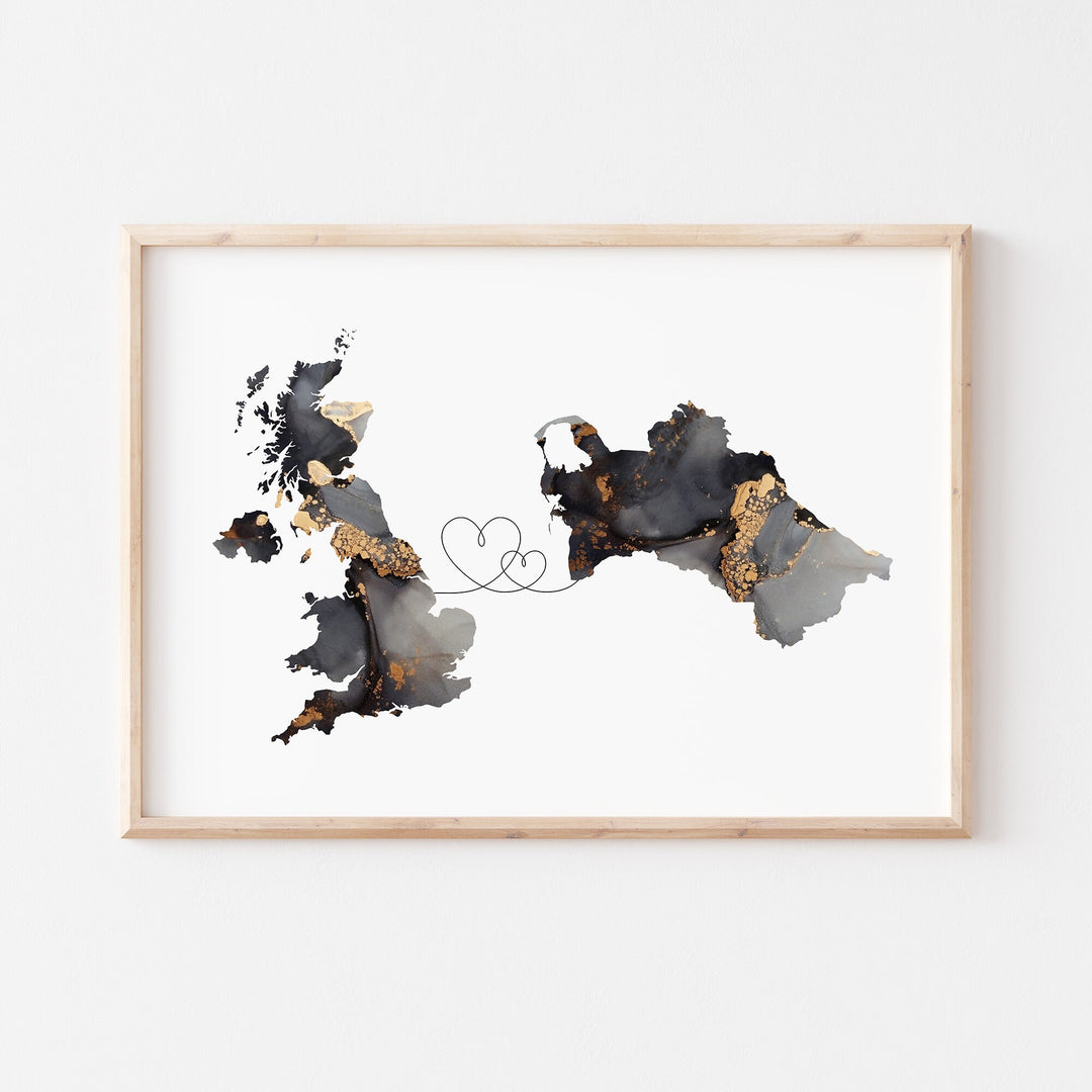 Britain and Turkmenistan Map Black & Gold Travel Wall Art Print | United Kingdom | UK