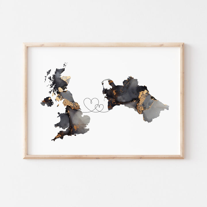 Britain and Turkmenistan Map Black & Gold Travel Wall Art Print | United Kingdom | UK