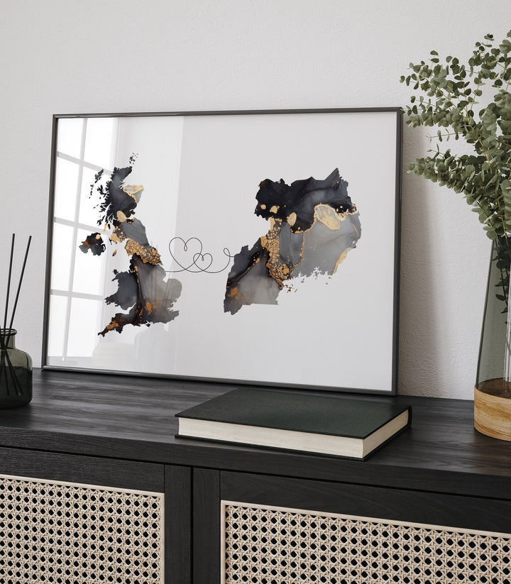 Britain and Uganda Map Black & Gold Travel Wall Art Print | United Kingdom | UK