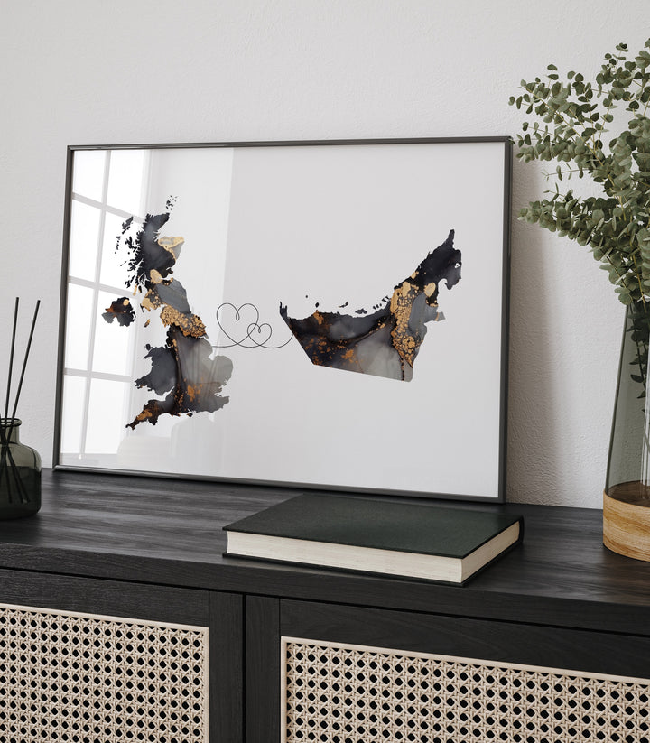 Britain and United Arab Emirates Map Black & Gold Travel Wall Art Print | United Kingdom | UK UAE
