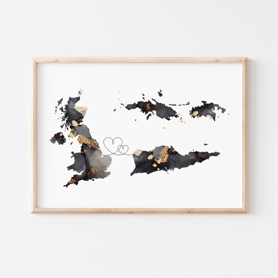 Britain and US Virgin Islands Map Black & Gold Travel Wall Art Print | United Kingdom | UK