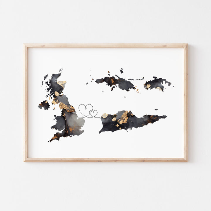Britain and US Virgin Islands Map Black & Gold Travel Wall Art Print | United Kingdom | UK
