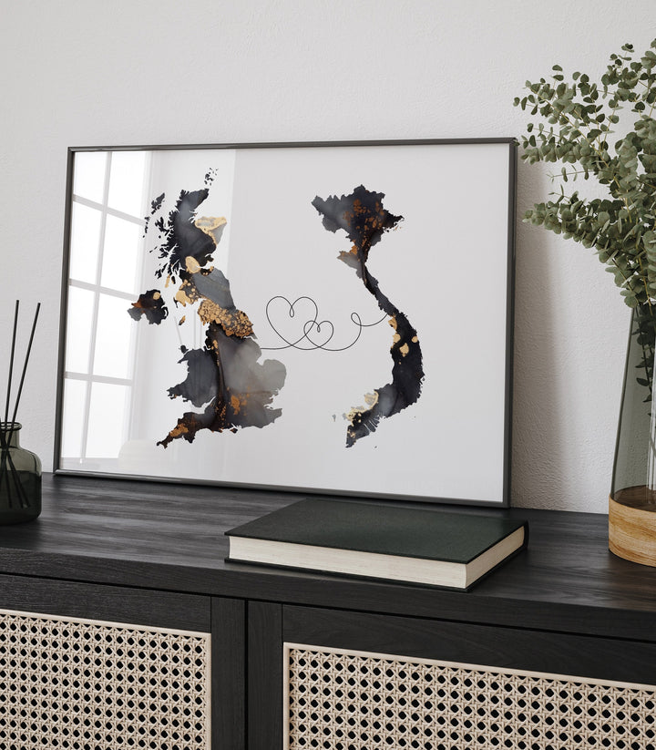 Britain and Vietnam Map Black & Gold Travel Wall Art Print | United Kingdom | UK