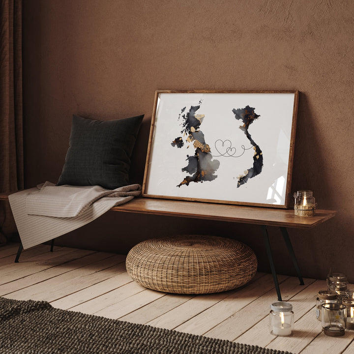 Britain and Vietnam Map Black & Gold Travel Wall Art Print | United Kingdom | UK