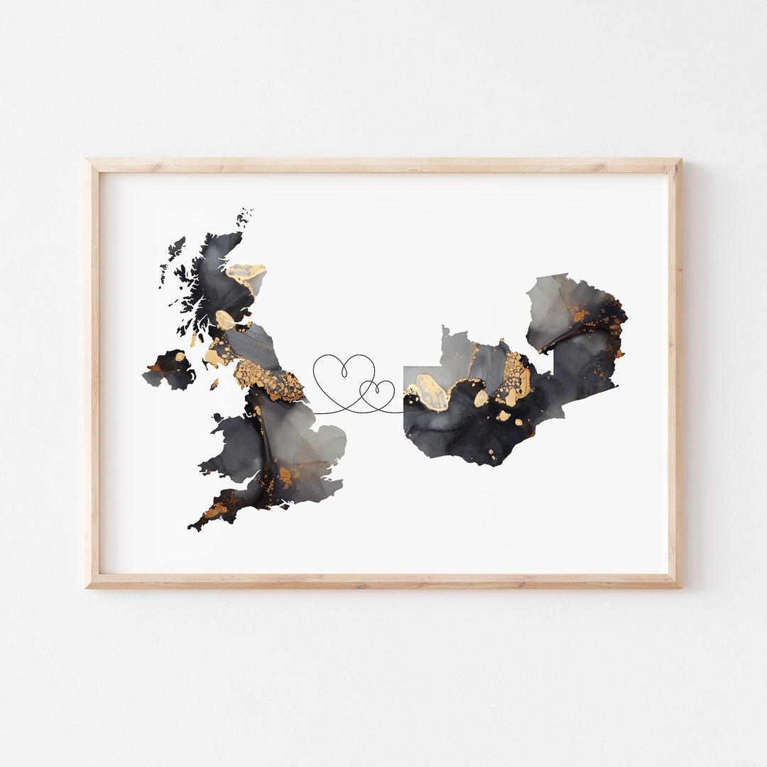 Britain and Zambia Map Black & Gold Travel Wall Art Print | United Kingdom | UK