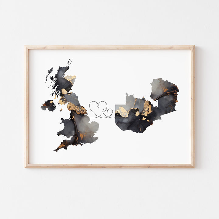 Britain and Zambia Map Black & Gold Travel Wall Art Print | United Kingdom | UK