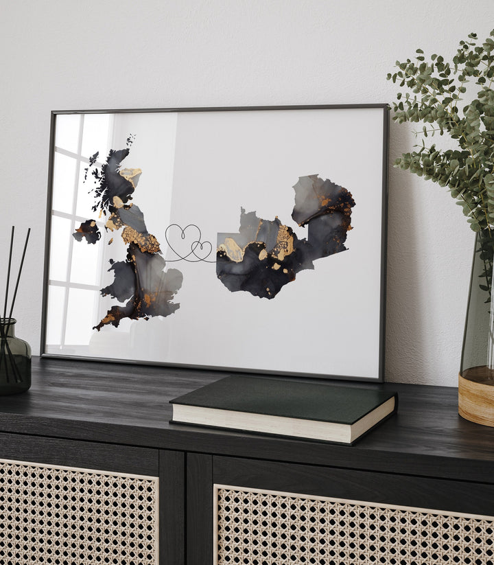 Britain and Zambia Map Black & Gold Travel Wall Art Print | United Kingdom | UK