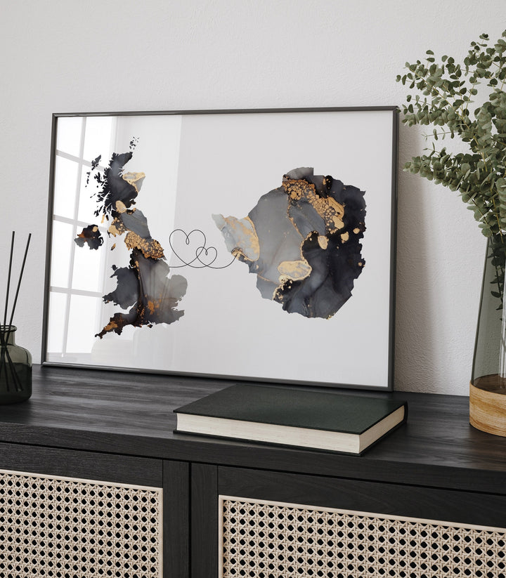Britain and Zimbabwe Map Black & Gold Travel Wall Art Print | United Kingdom | UK