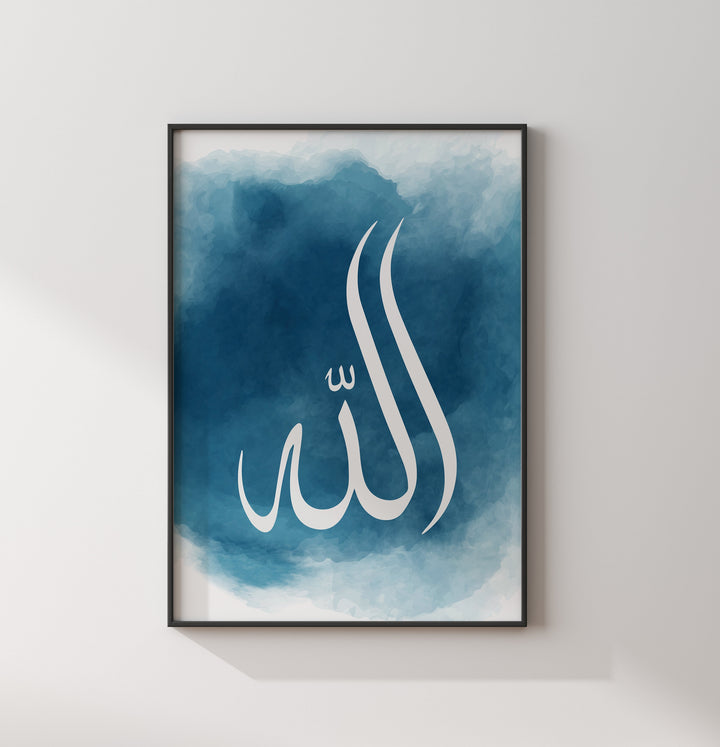 Set of 2 Allah & Prophet Muhammad Abstract Islamic Wall Art Prints Blue Watercolour With Arabic Calligraphy