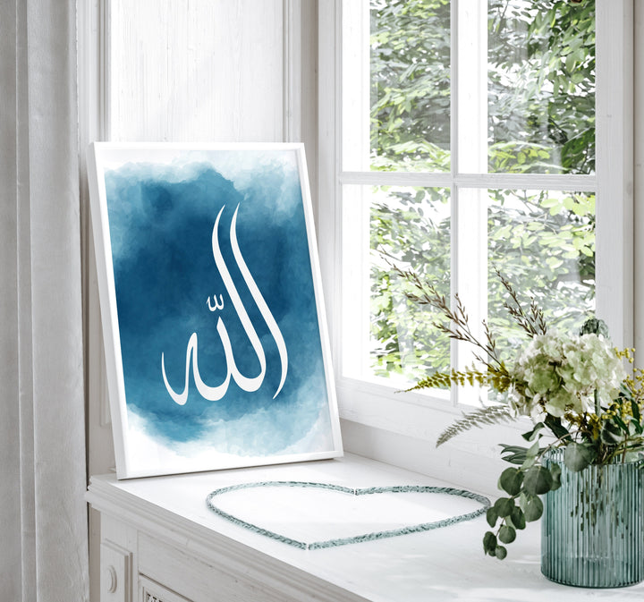 Set of 2 Allah & Prophet Muhammad Abstract Islamic Wall Art Prints Blue Watercolour With Arabic Calligraphy