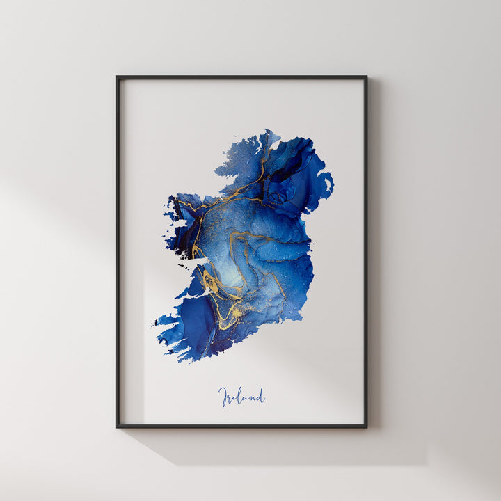 Ireland Map Blue & Gold Wall Art Print