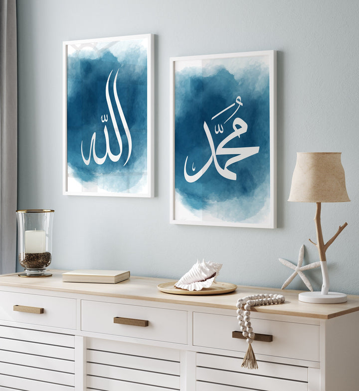 Set of 2 Allah & Prophet Muhammad Abstract Islamic Wall Art Prints Blue Watercolour With Arabic Calligraphy