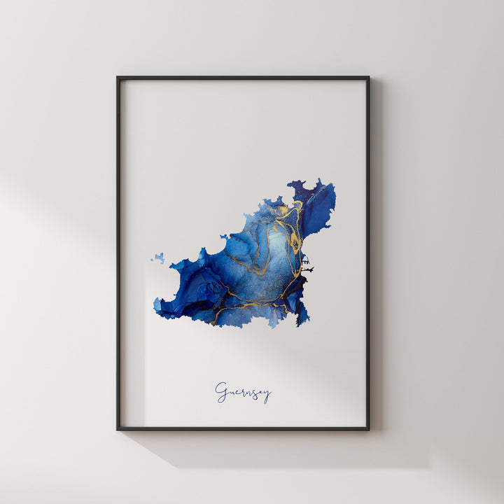 Guernsey Map Blue and Gold Wall Art Print (24PU)
