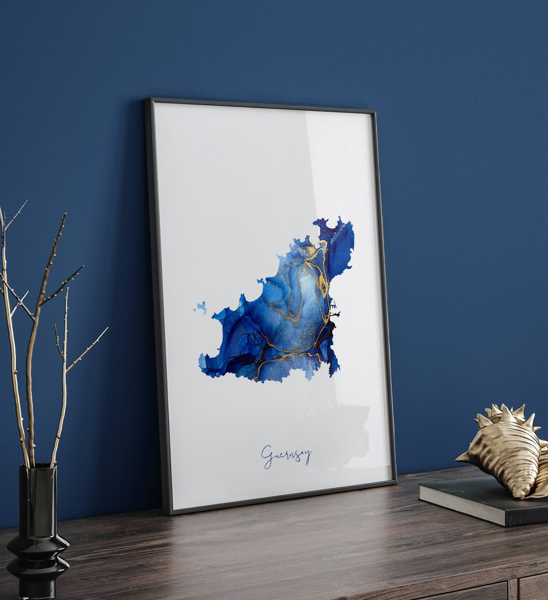 Guernsey Map Blue and Gold Wall Art Print (24PU)