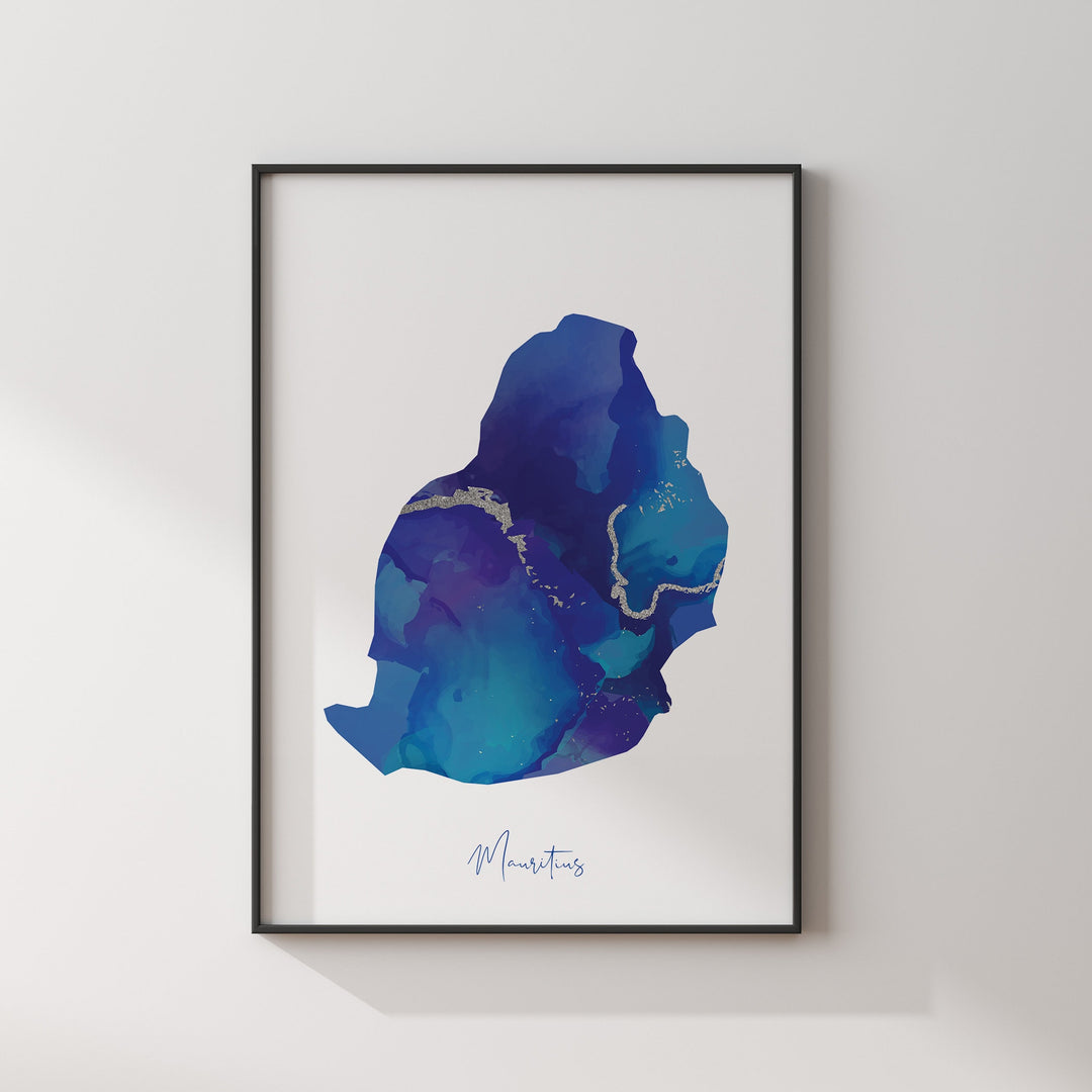 Mauritius Map Blue & Silver Wall Art Print