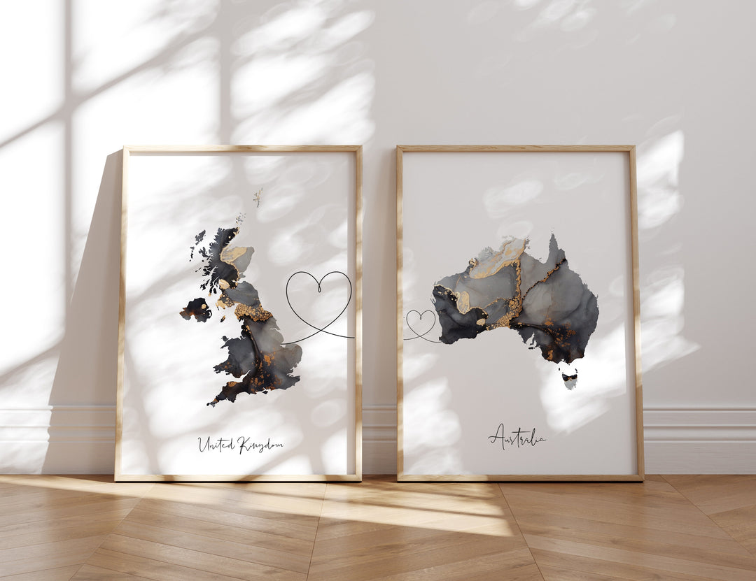 Set of 2 Custom Any Country or US State Map Black & Gold Travel Wall Art Print