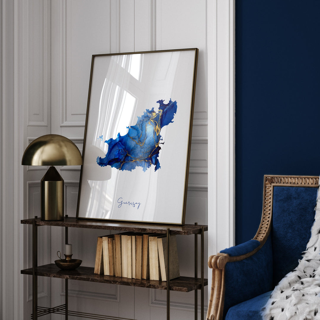 Guernsey Map Blue and Gold Wall Art Print (24PU)