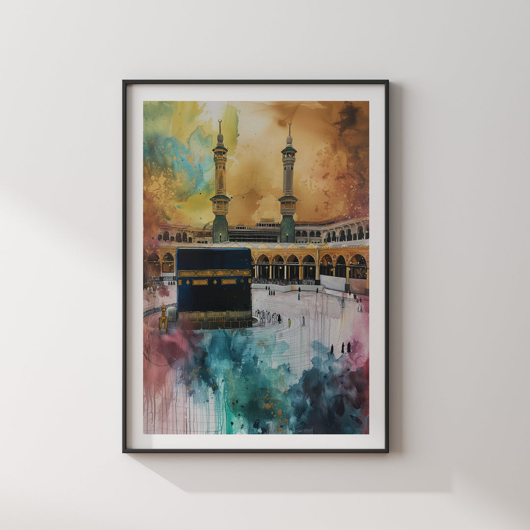 Kaaba Wall Art Print | Masjid Al Haram Grand Mosque Mecca Watercolour Painting | 2024 Edition