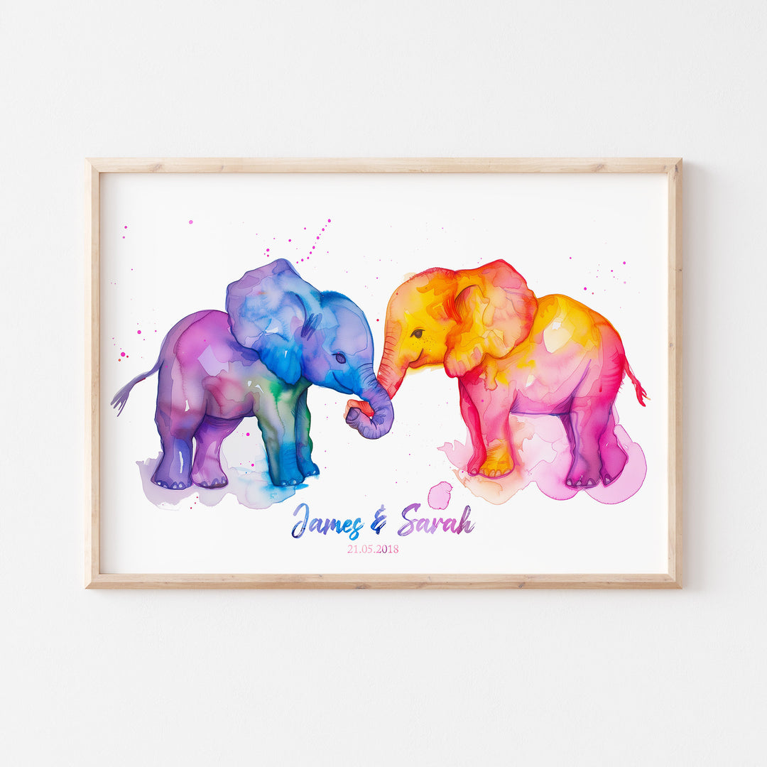 Personalised Watercolour Elephant Couples Print | Gift For Anniversary Wedding