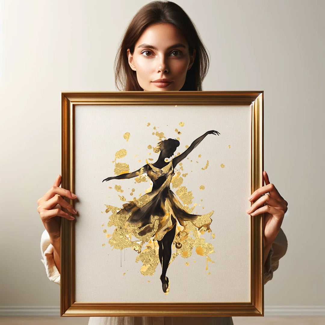 Real Metallic Gold Foil Wall Art Print of a Dancing Woman