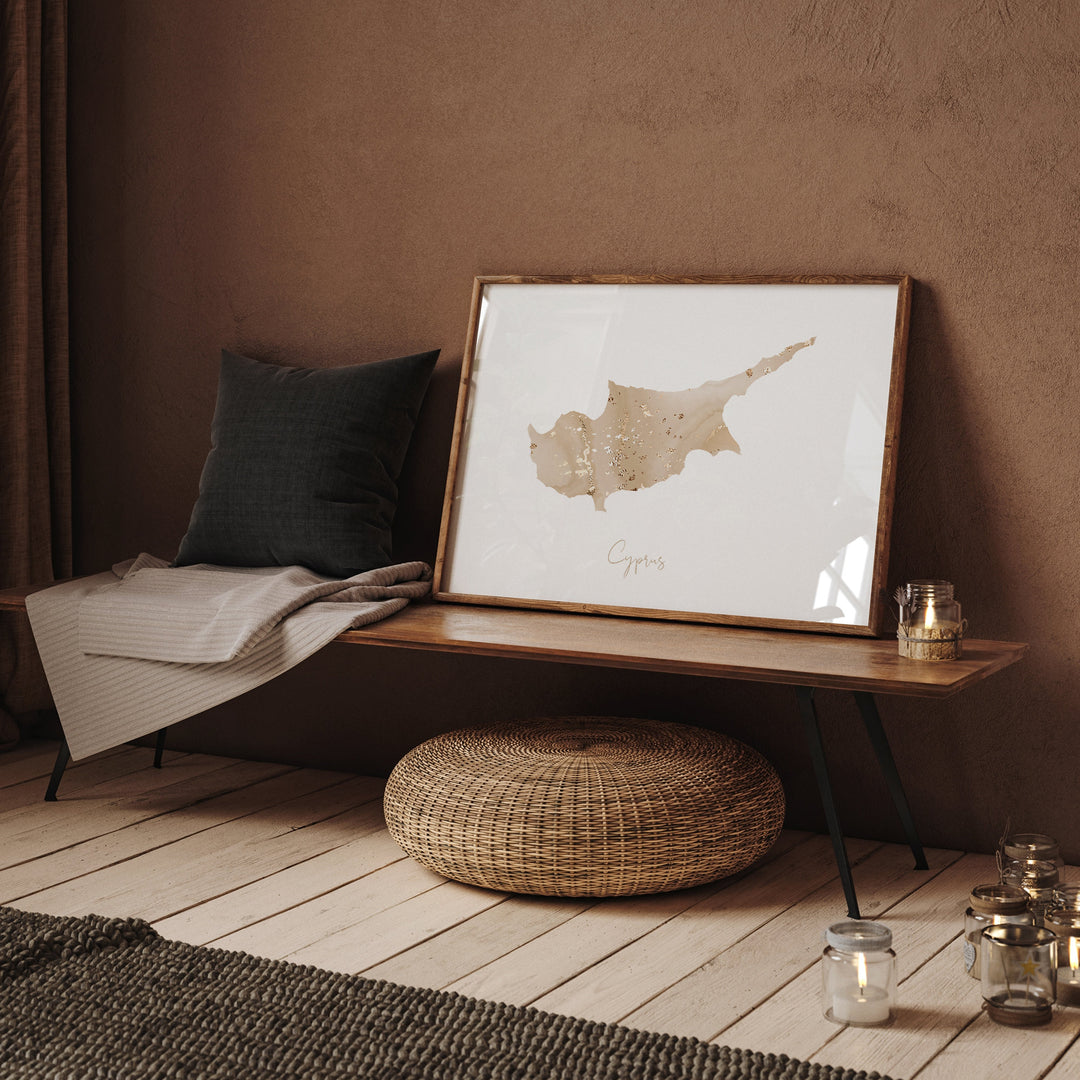 Cyprus Map Beige & Gold Wall Art Print