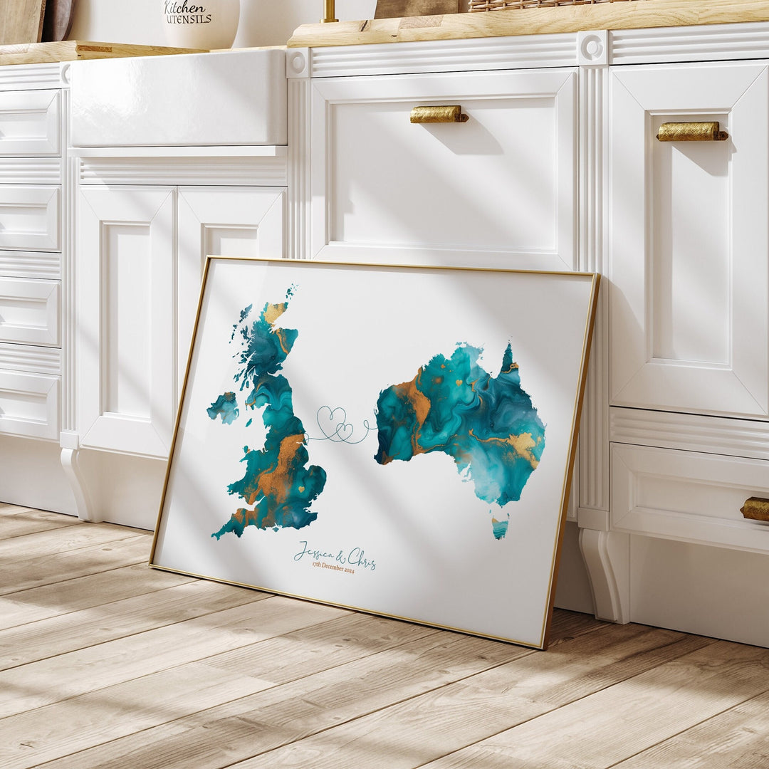 Personalised UK to Australia Map Turquoise & Gold Green Travel Wall Art Print | Couples Gift | Wedding Gift | Britain | United Kingdom