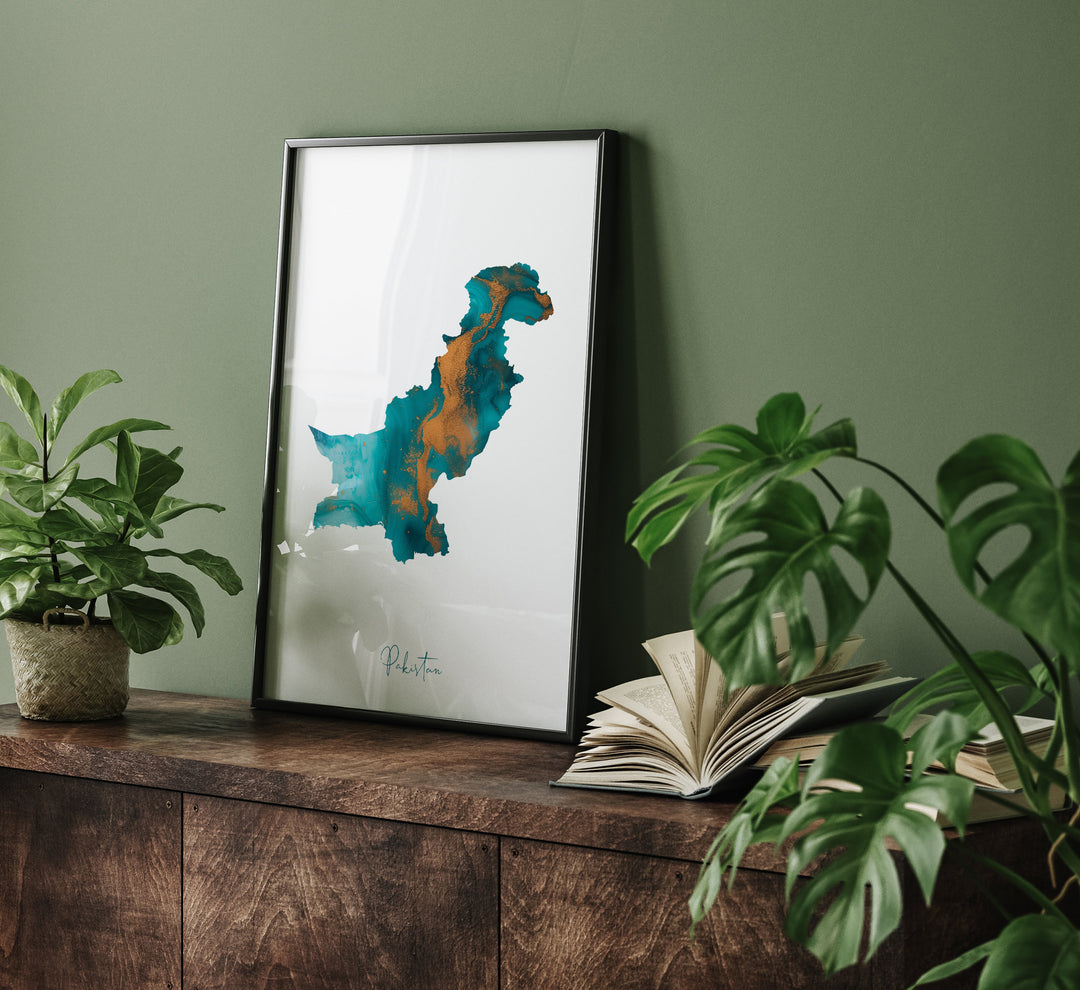 Custom Map Any Country or US State Map Turquoise & Gold Wall Art Print