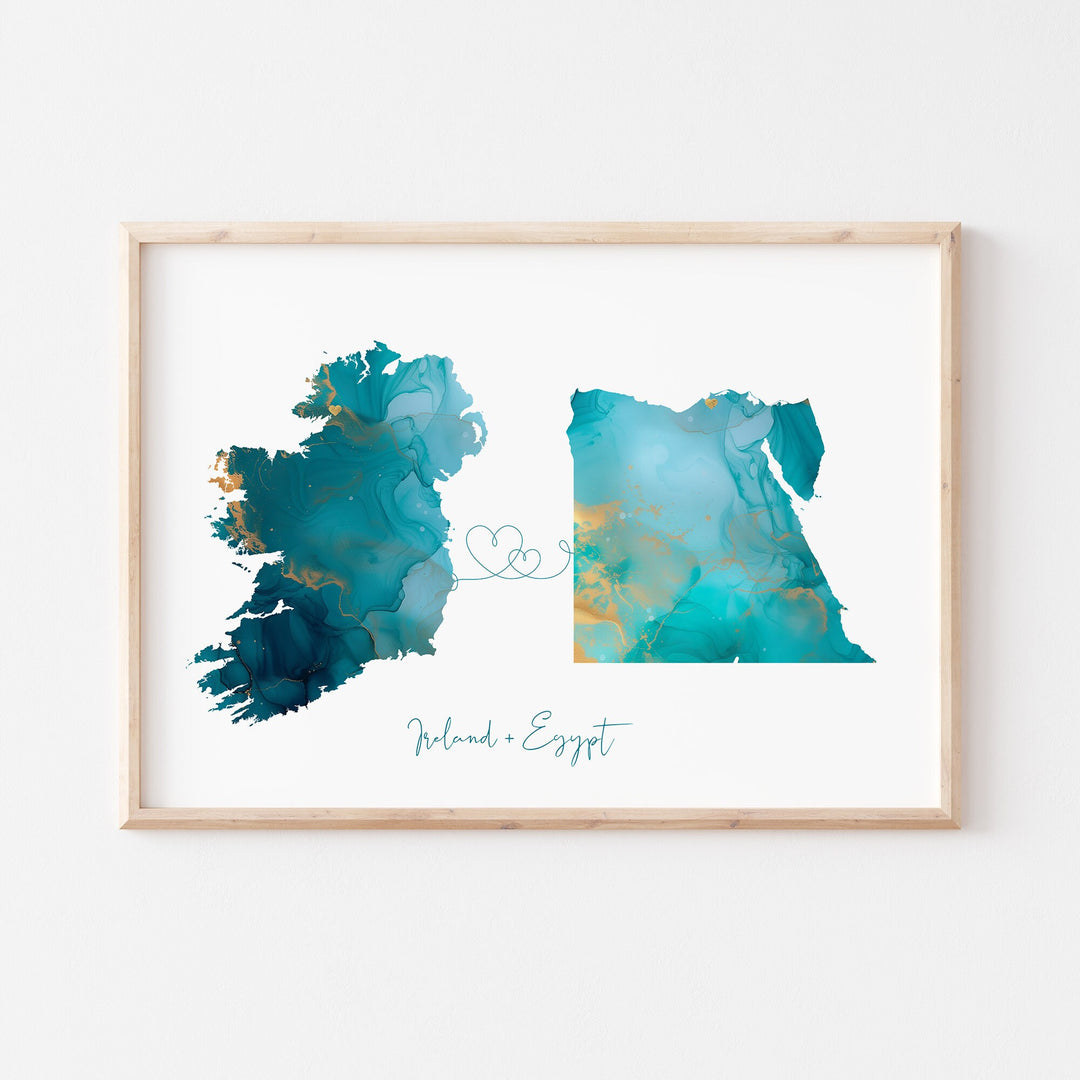 Custom Ireland To Any Country Map Turquoise & Gold | Green Travel Wall Art Print | Couples Gift | Wedding Gift |