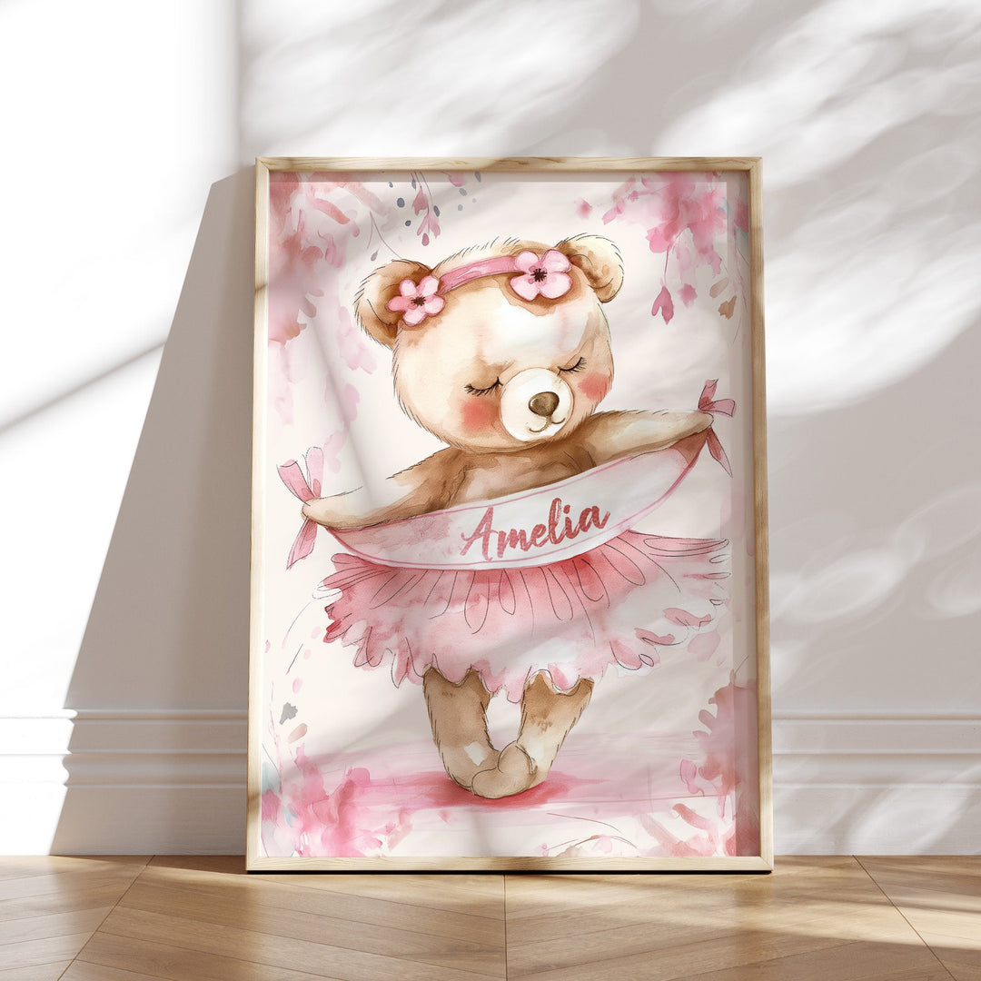 Personalised Ballerina Bear Nursery Print | Custom Baby Girl Room Decor | Pink Kids Room | Baby Girl Nursery | Bear | Ballet Print
