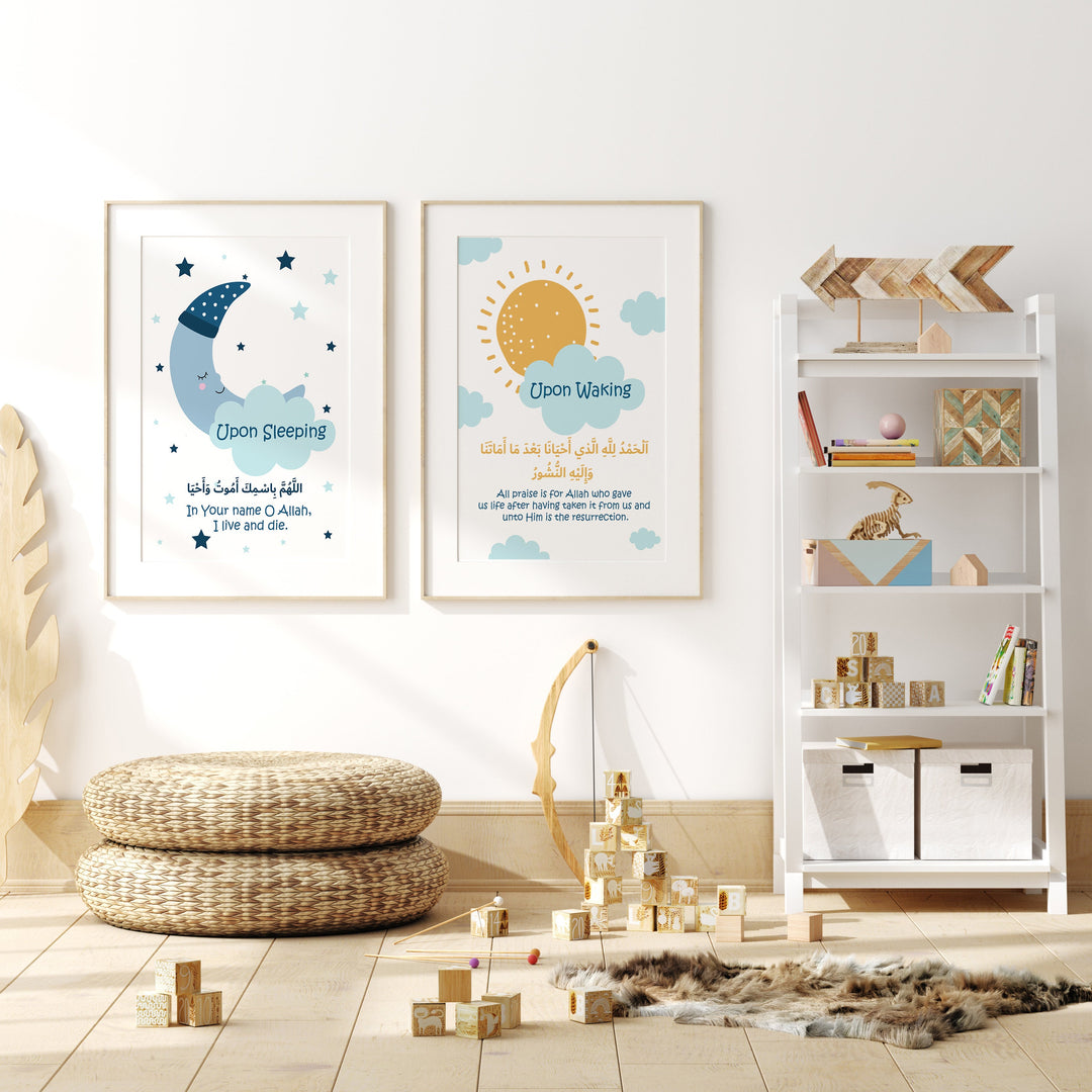 Set of 3 Personalised Kids Morning and Sleeping Dua Islamic Wall Art Prints Blue