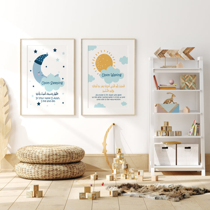 Set of 3 Personalised Kids Morning and Sleeping Dua Islamic Wall Art Prints Blue