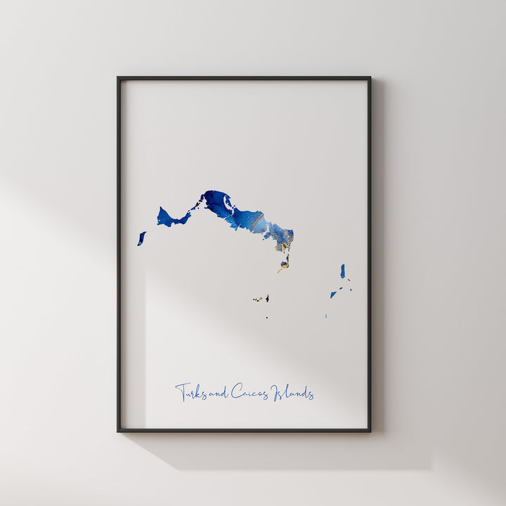 Turks and Caicos Islands Map Blue and Gold Wall Art Print
