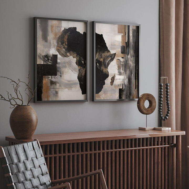 Custom Any Two Counties Map Abstract Painting Wall Art Prints | Black and Gold + Beige