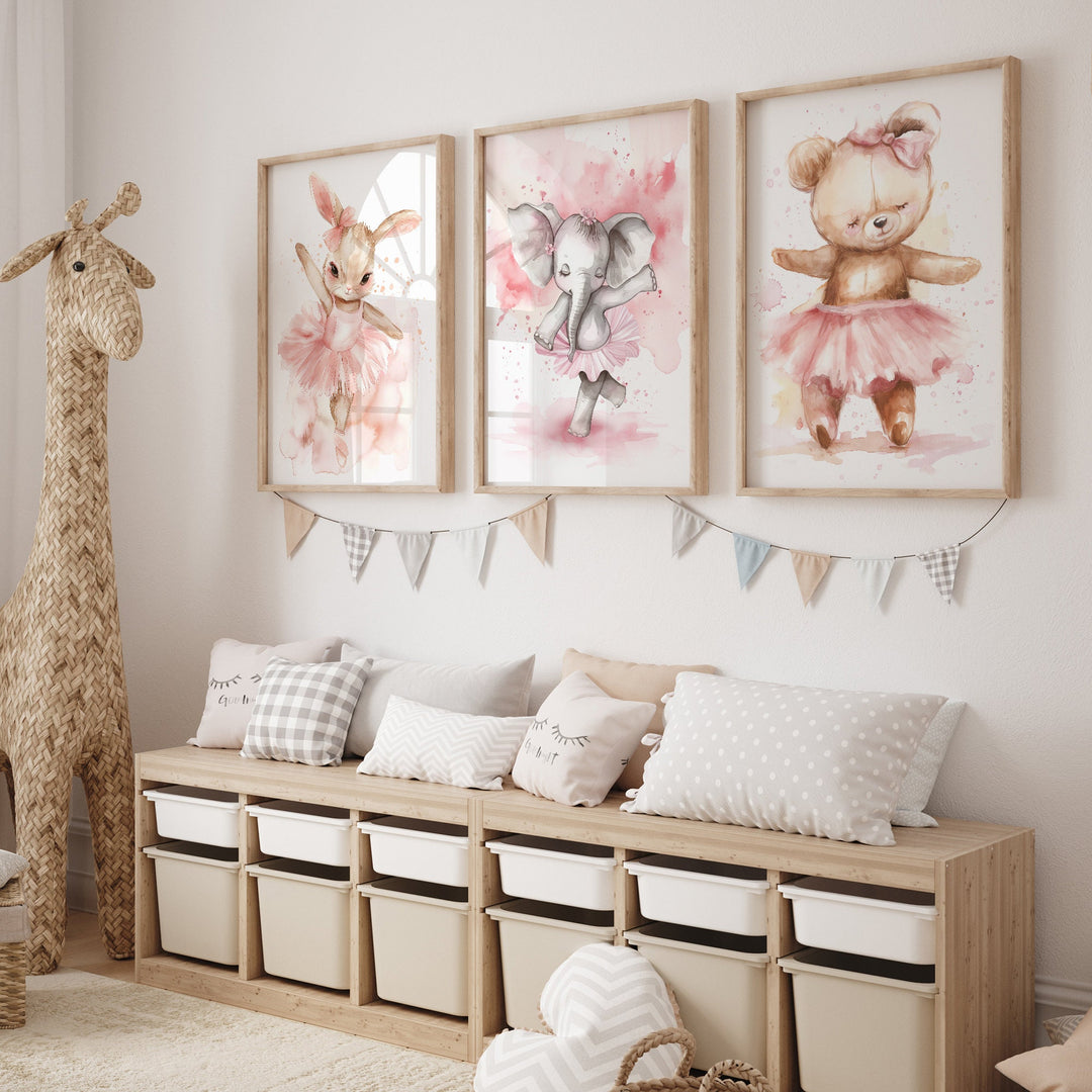 Set of 3 Ballerina Animals Nursery Prints | Baby Room Decor | Baby Girl Nursery | Elephant Bunny Bear | Ballet Prints