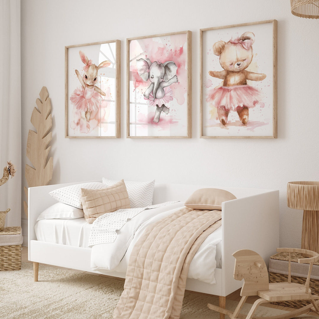 Set of 3 Ballerina Animals Nursery Prints | Baby Room Decor | Baby Girl Nursery | Elephant Bunny Bear | Ballet Prints