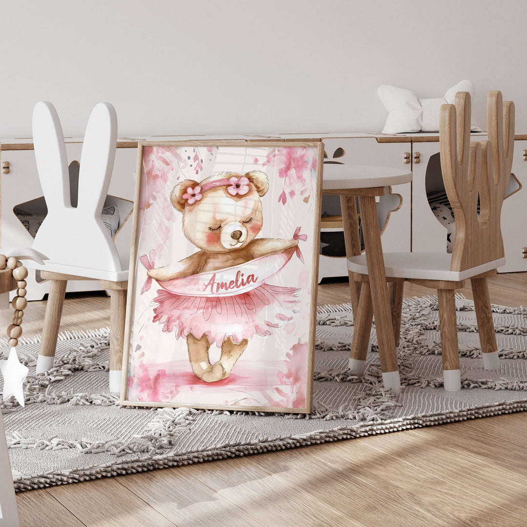 Personalised Ballerina Bear Nursery Print | Custom Baby Girl Room Decor | Pink Kids Room | Baby Girl Nursery | Bear | Ballet Print