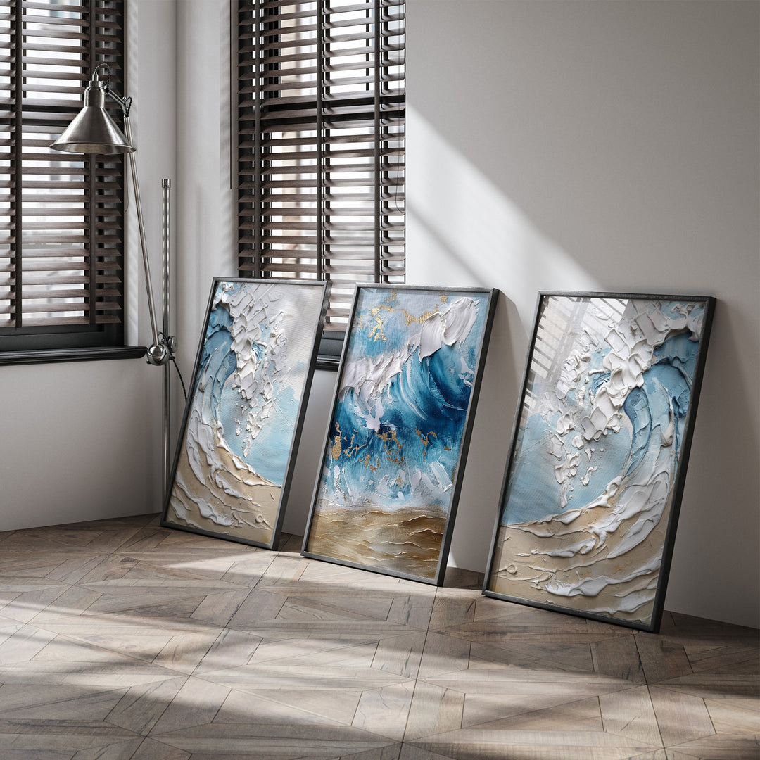 Beige & Blue Beach Ocean Waves Wall Art Prints | Abstract Wall Art | Wabi Sabi Wall Ar