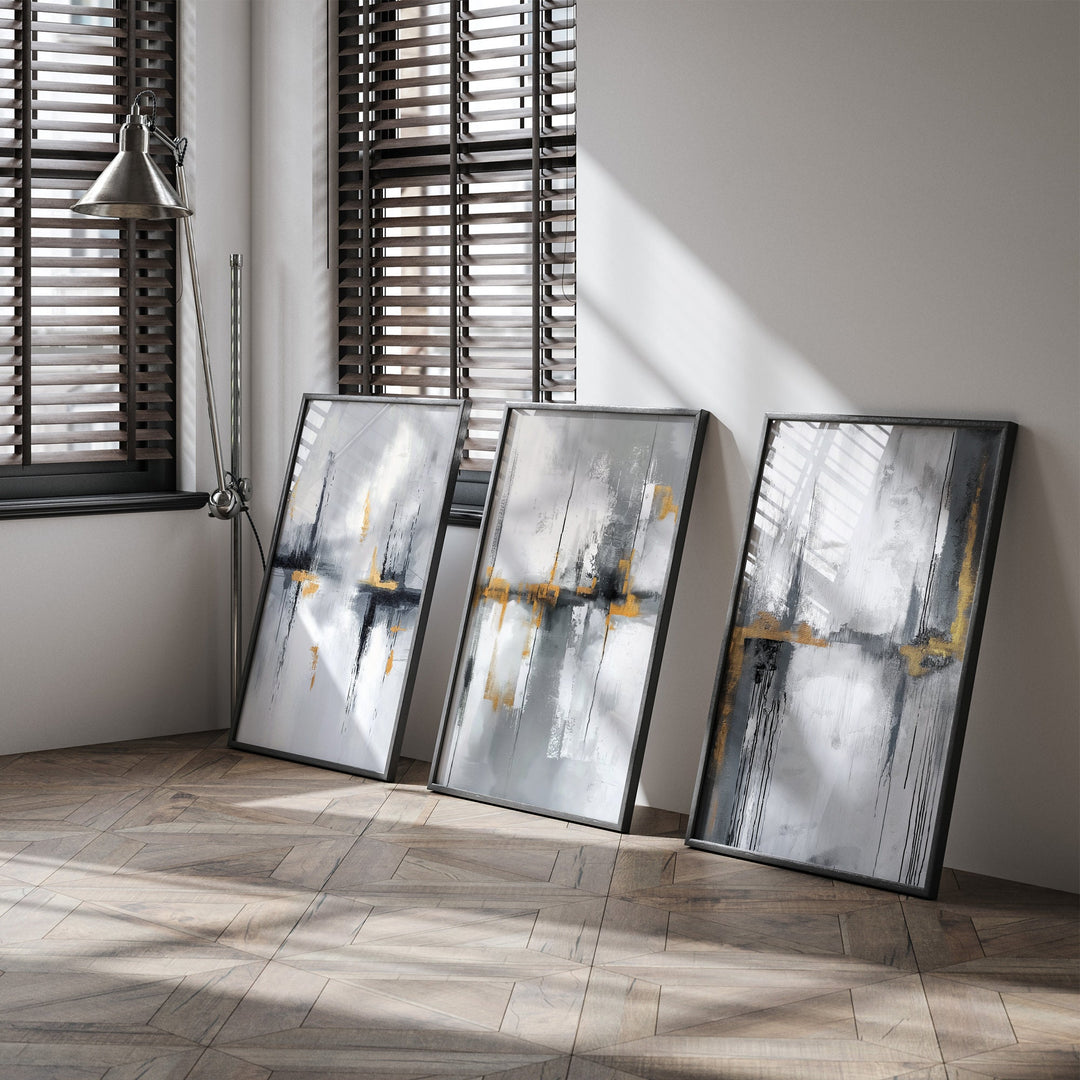Gray & Gold Abstract Wall Art Prints | Set of 3 Modern Grey Painting Wall Art Decor