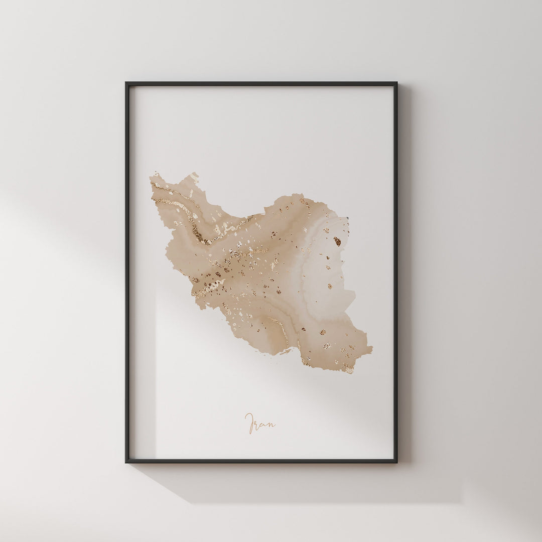 Iran Map Beige & Gold Wall Art Print