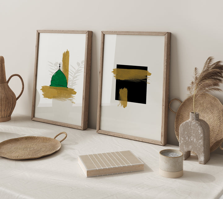 Set of 2 Holy Mosques Abstract Minimalistic Islamic Wall Art Prints Masjid Nabwi And Masjid Al Haram