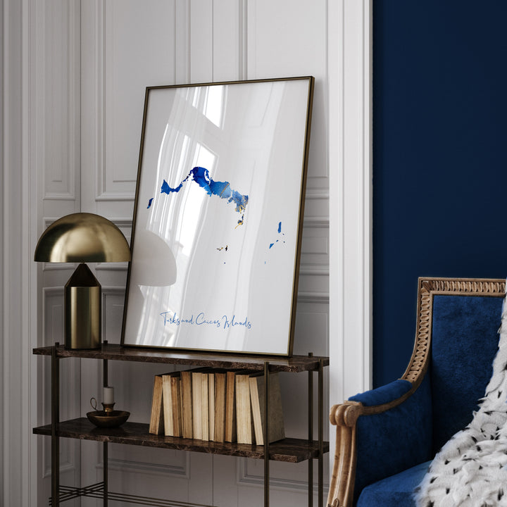 Turks and Caicos Islands Map Blue and Gold Wall Art Print