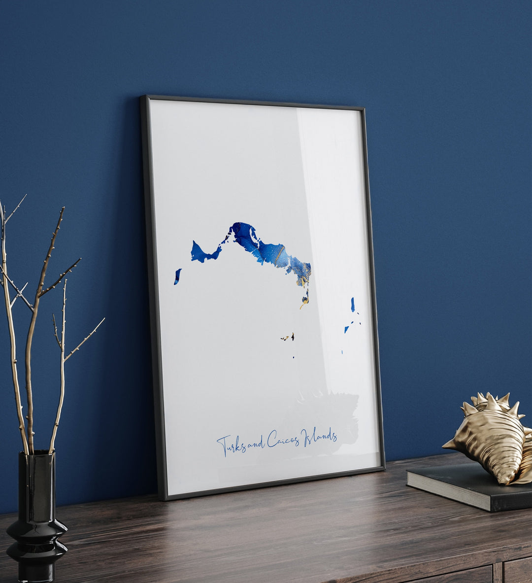Turks and Caicos Islands Map Blue and Gold Wall Art Print