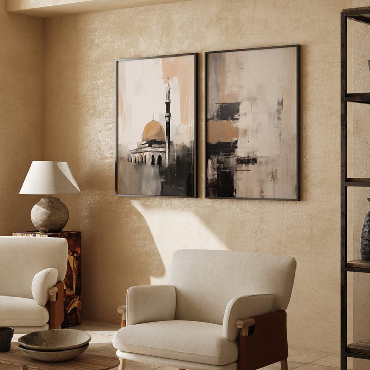 Palestine Dome of the Rock & Kaaba Wall Art | Set of 2 Islamic Wall Art Prints | Black and Gold Abstract Painting